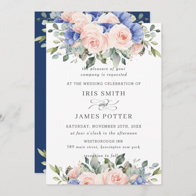 Invitation Rustique Blush bleu rose Mariage Floral (Devant / Derrière)