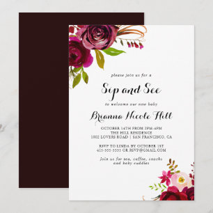 Invitation Rustique Blush Bourgogne Floral Sip et voir