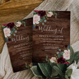 Invitation Rustique Blush & Bourgogne Rouge Fleurs de vin Mar
