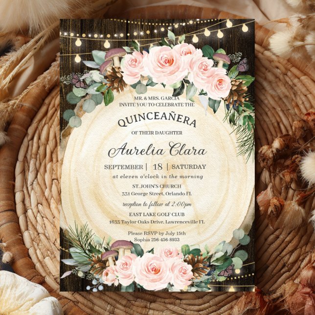 Invitation Rustique Blush Floral Enchanted Forest Quinceañera (Créateur téléchargé)