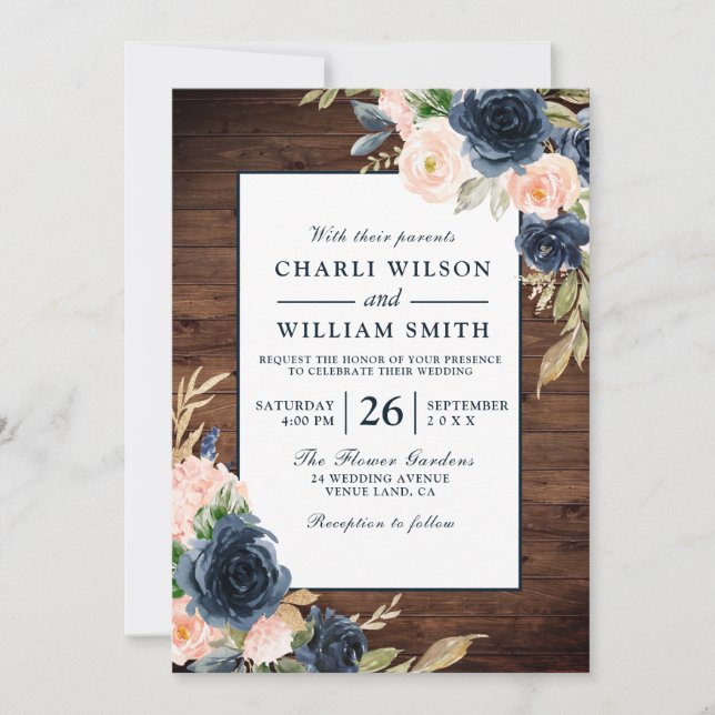 Invitation Rustique Blush & Navy Floral Frame Mariage (Devant)