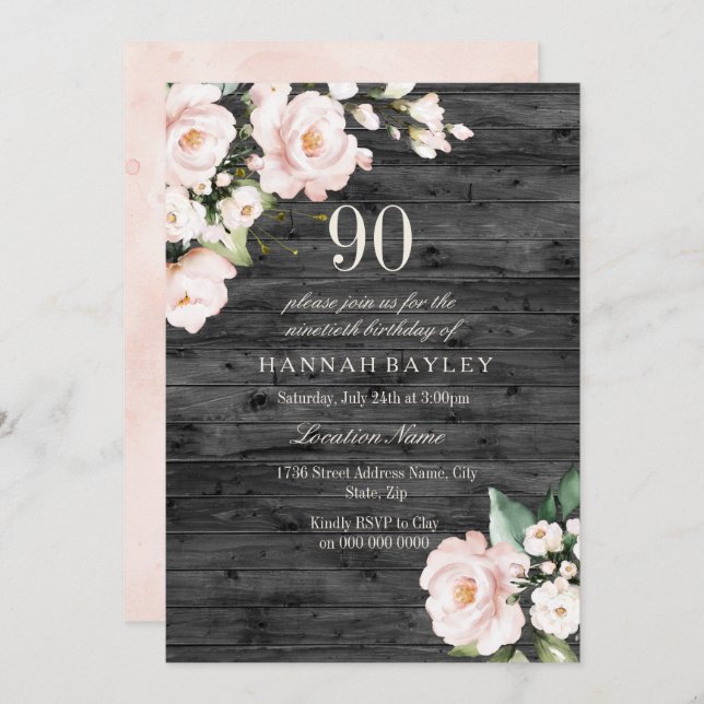 Invitation Rustique Blush rose & blanc Floral 90e anniversair (Devant / Derrière)