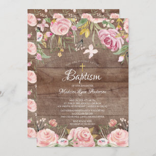 Invitation Rustique Blush rose Floral Gold Cross Baptême