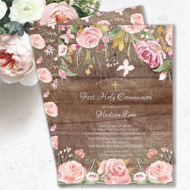 Invitation Rustique Blush Rose Floral Première Communion Sain (Créateur téléchargé)