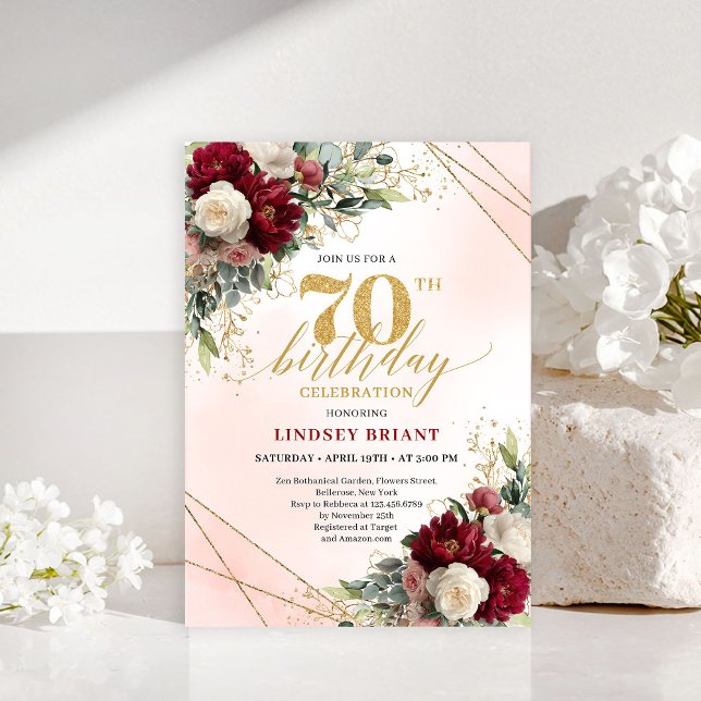 Invitation Rustique Bohème Bourgogne pour 70e Anni (Rustic Boho Burgundy Floral 70th Birthday Invitation)