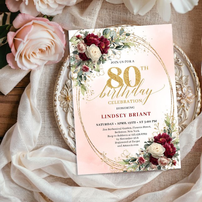 Invitation Rustique Bohème Bourguignon Floral pour (Rustic Boho Burgundy Floral 80th Birthday Invitation)