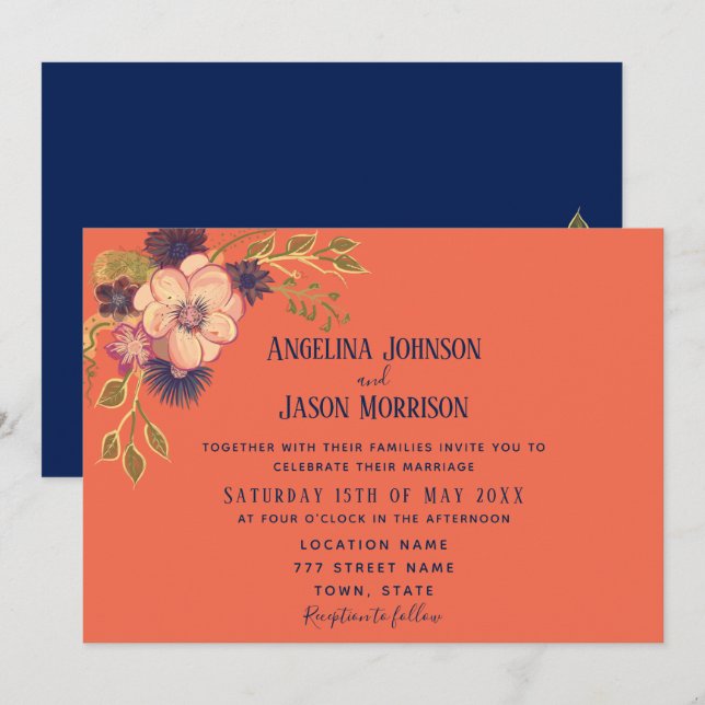 Invitation Rustique Bohème Floral Mariage Navy et Corail (Devant / Derrière)