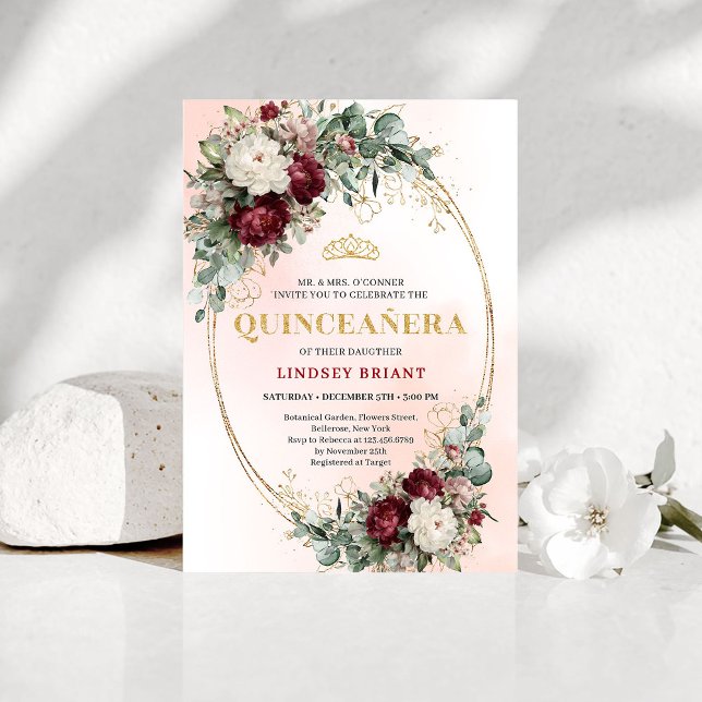 Invitation Rustique Bohème Rouge Foncé Florale Or  (Rustic Boho Deep Red Floral Gold Quinceañera Invitation)