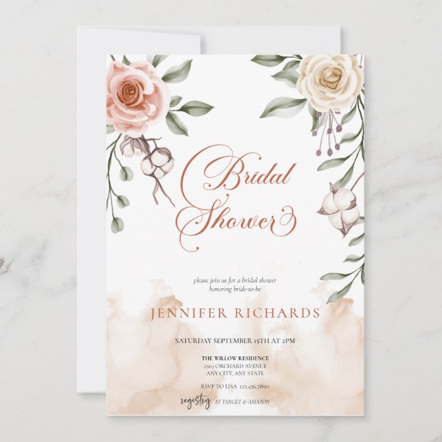 Invitation rustique bohémien | FÊTE DES MARIÉES ROSE VINTAGE (Devant)