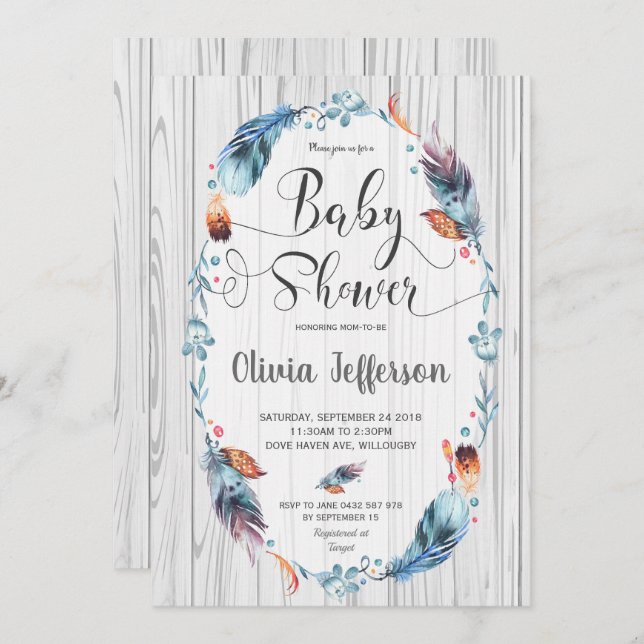 Invitation Rustique Boho Baby Boy Shower Tribal Feathers (Devant / Derrière)