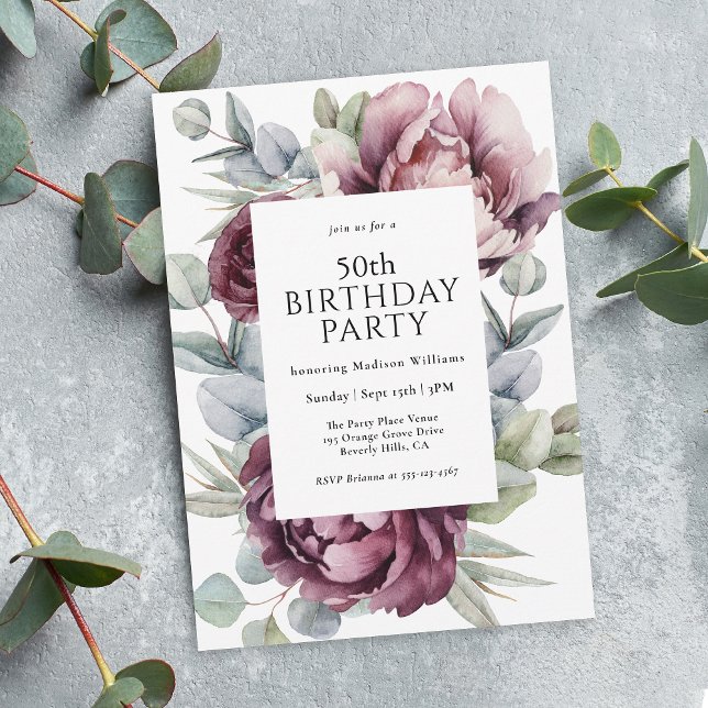 Invitation Rustique Boho Bourgogne Plum Floral 50e anniversai (Available as printed invitations or paperless digital download!)