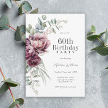 Invitation Rustique Boho Bourgogne Plum Floral 60e anniversai<br><div class="desc">Un boho ultra-féminin et élégante invitation à la fête du 60e anniversaire qui capte l'essence de l'élégance rustique avec son bouquet voûté de pivoines et de roses en harmonisant bordeaux, prune, et rose poussiéreux avec la verdure de l'eucalyptus. Les éléments botaniques féminins apparaissent avec style et sophistication. Personnalisez le modèle...</div>