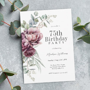 Invitation Rustique Boho Bourgogne Prune Floral 75e Anniversa