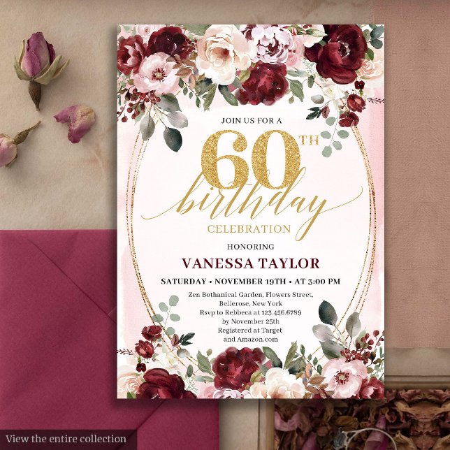 Invitation Rustique Boho Bourgogne Roses Dorées 60e Anniversa (Rustic Boho Burgundy Gold Roses 60th Birthday)