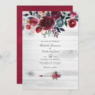 Invitation Rustique Boho Chic Bourgogne et Mariage floral de