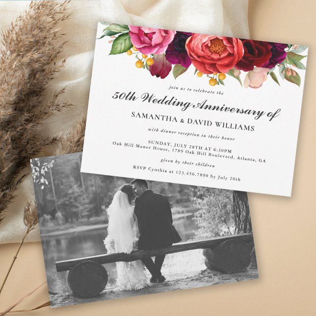 Invitation Rustique Boho Floral 50e Anniversaire avec photo (Add a favorite wedding photo to this lovely rustic 50th wedding anniversary invitation.
)
