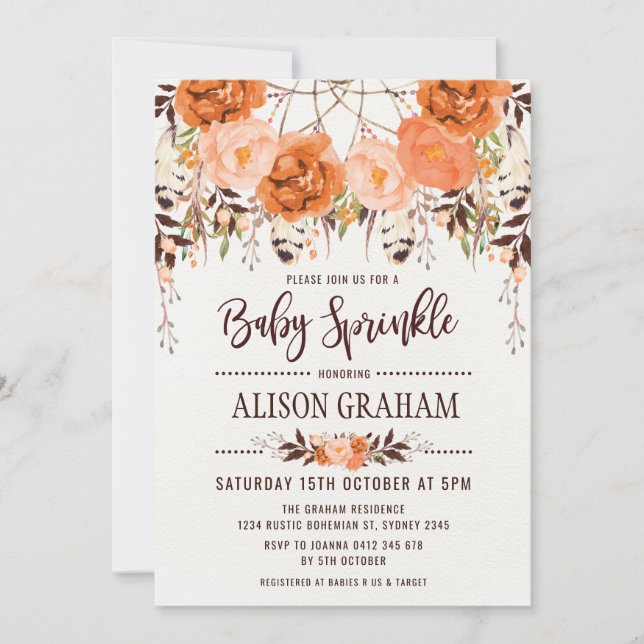 Invitation Rustique Boho Floral Automne Baby Sprinkle Invitat (Devant)