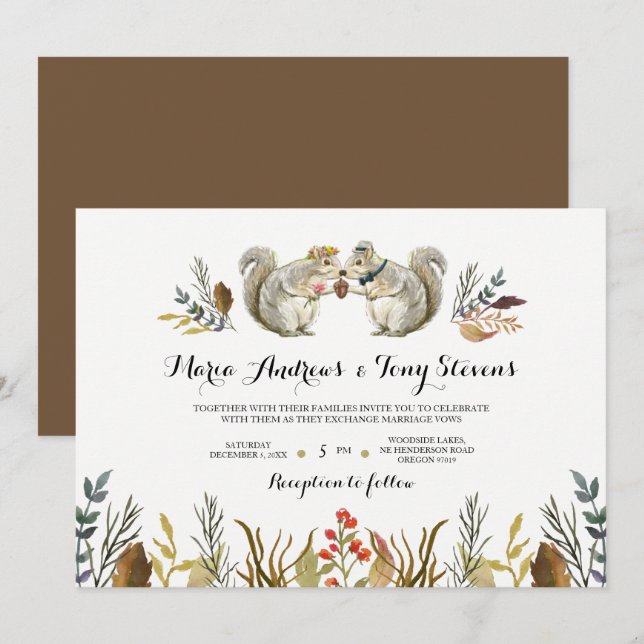 Invitation Rustique Boho Forest Squirrels Mariage d'aquarelle (Devant / Derrière)