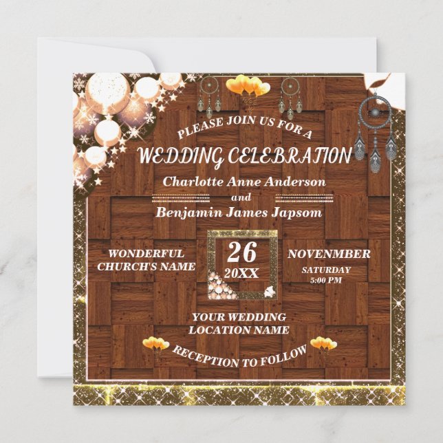Invitation Rustique Boho Golden Parties scintillant Dream Cat (Devant)