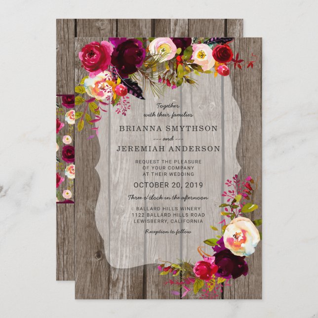 Invitation Rustique Boho Grange Bois bordeaux mariage floral (Devant / Derrière)