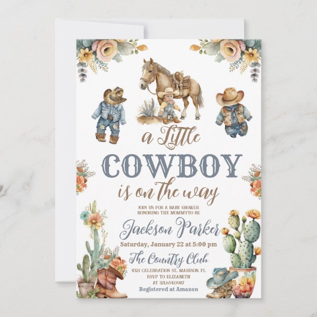 Invitation Rustique Boho Little Cowdoy Wild West Baby shower (Devant)