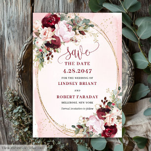 Invitation Rustique Boho Merlot Rose Gold Fleurs Enregistrer