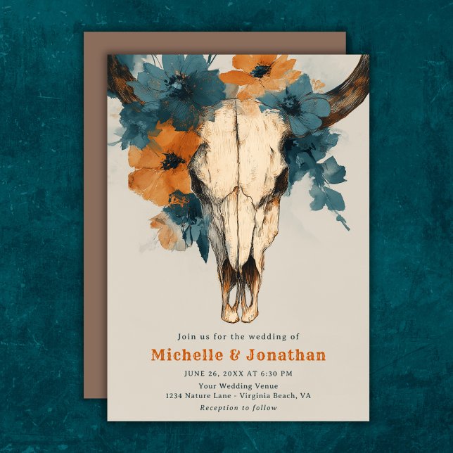 Invitation Rustique Boho Ouest Vache Crâne Floral Mariage (Rustic Boho Western Cow Skull Floral Wedding Invitation)