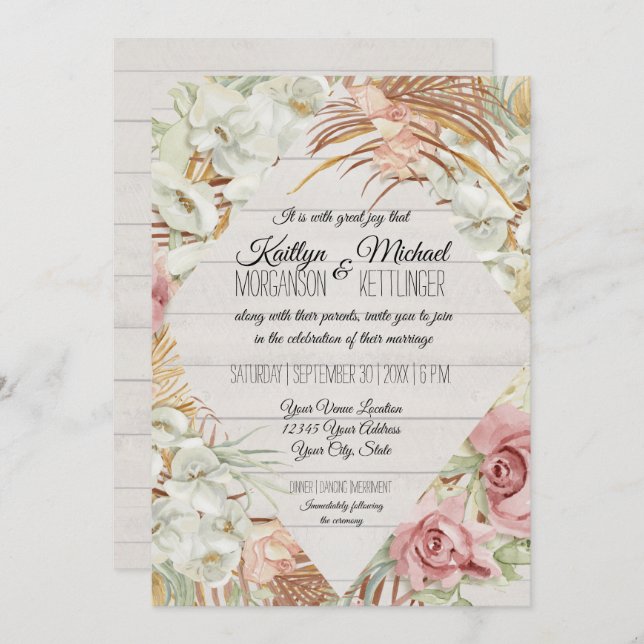 Invitation Rustique BOHO Pampas Tropical Verdure Blush Floral (Devant / Derrière)