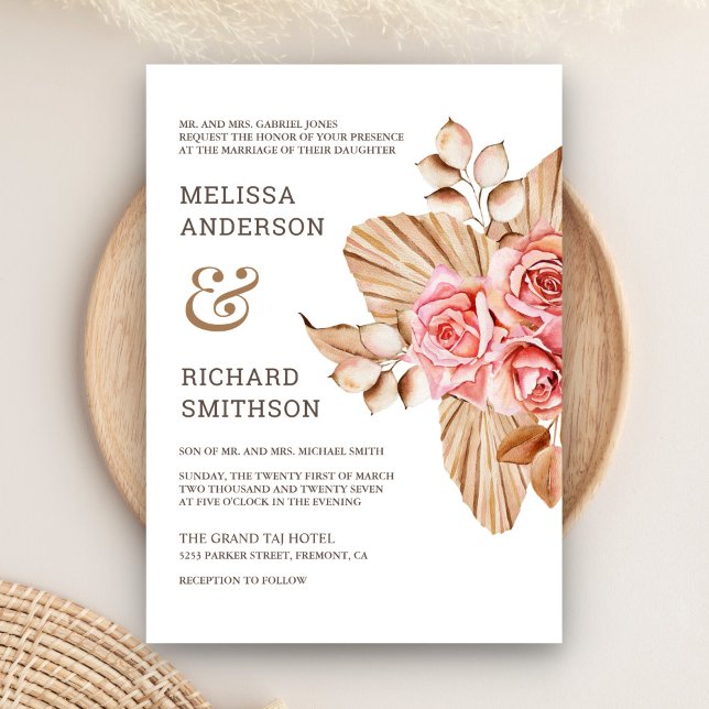 Invitation Rustique Boho séché Palm Earthy Peach Rose Mariage (Créateur téléchargé)