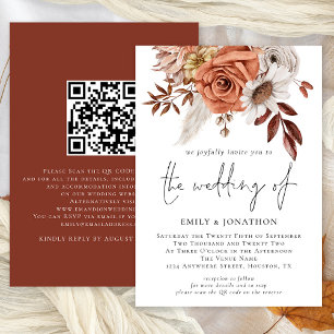 Invitation Rustique Boho Terracotta Automne Floral QR Code Ma