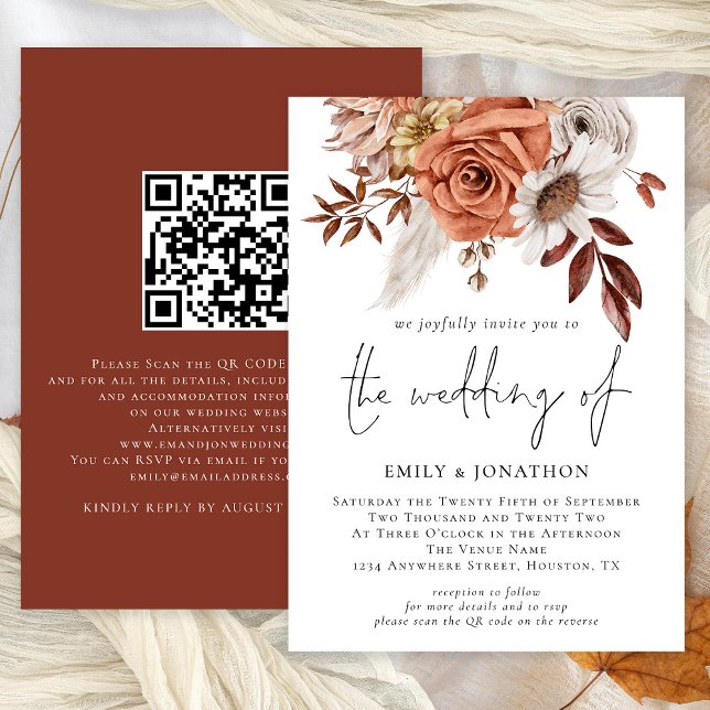 Invitation Rustique Boho Terracotta Automne Floral QR Code Ma (Available digitally and printed)