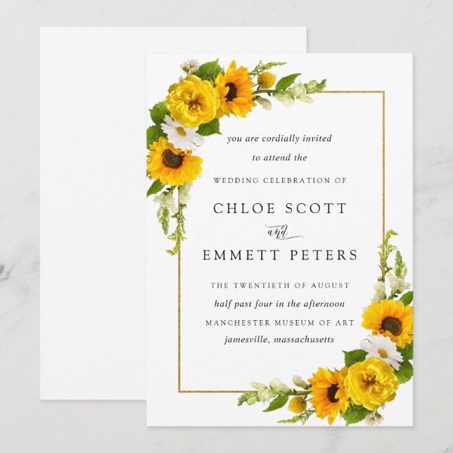 Invitation Rustique Boho Tournesol Jaune Mariage Floral été (Devant / Derrière)