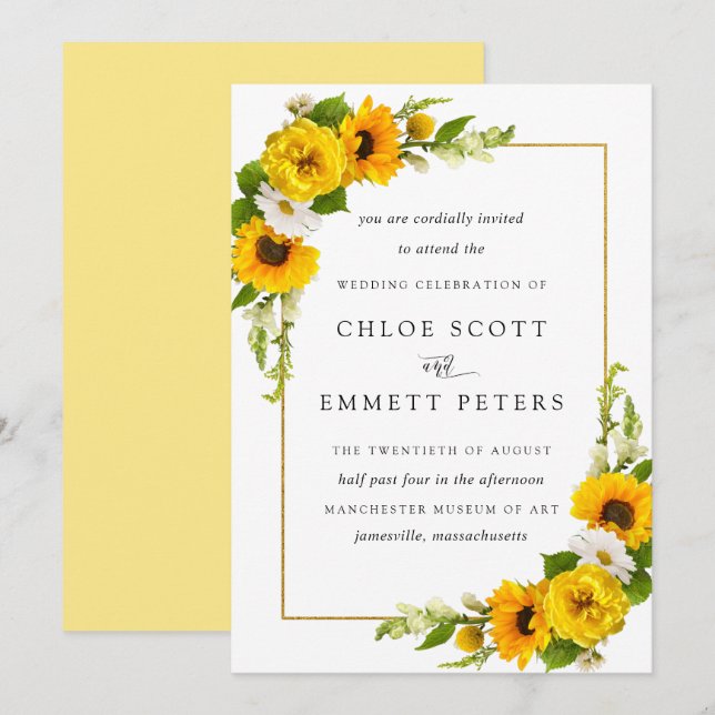 Invitation Rustique Boho Tournesol Jaune Mariage Floral été (Devant / Derrière)