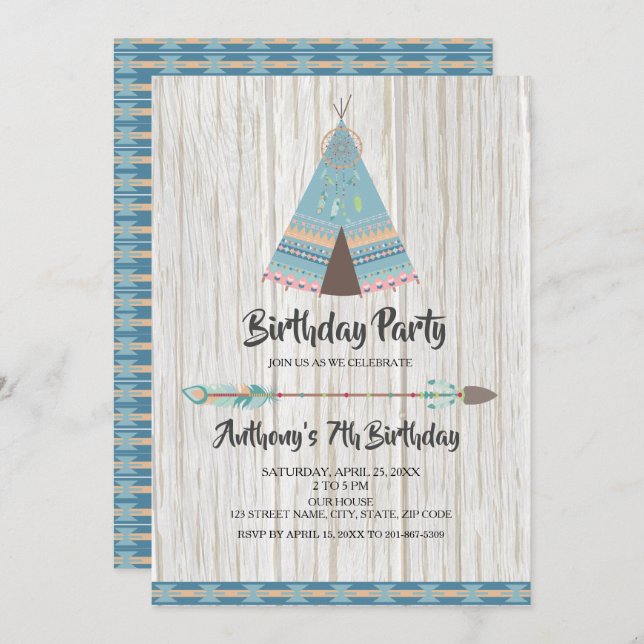 Invitation Rustique Boho Tribal Blue Teepee fête d'anniversai (Devant / Derrière)