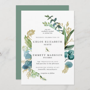 Invitation Rustique Boho Turquoise Bleu Botanique Mariage or