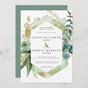 Invitation Rustique Boho Turquoise Bleu Botanique Mariage or