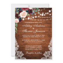 Rustique Bois Bourgogne Bleu Floral Mariage Invite