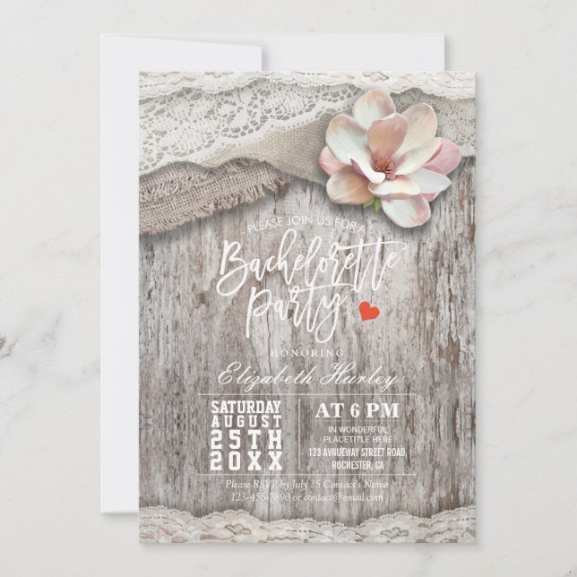 Invitation Rustique Bois Burlap Dentelle Florale Bachelorette (Devant)