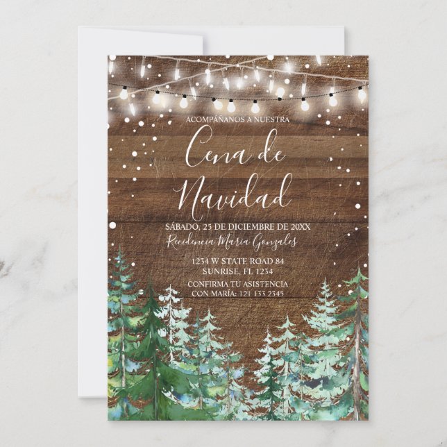 Invitation Rustique Bois Cena De Navidad Pins de Noël Christm (Devant)