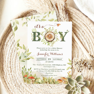 Invitation Rustique Bois C'est un Garçon Baby Shower Forêt
