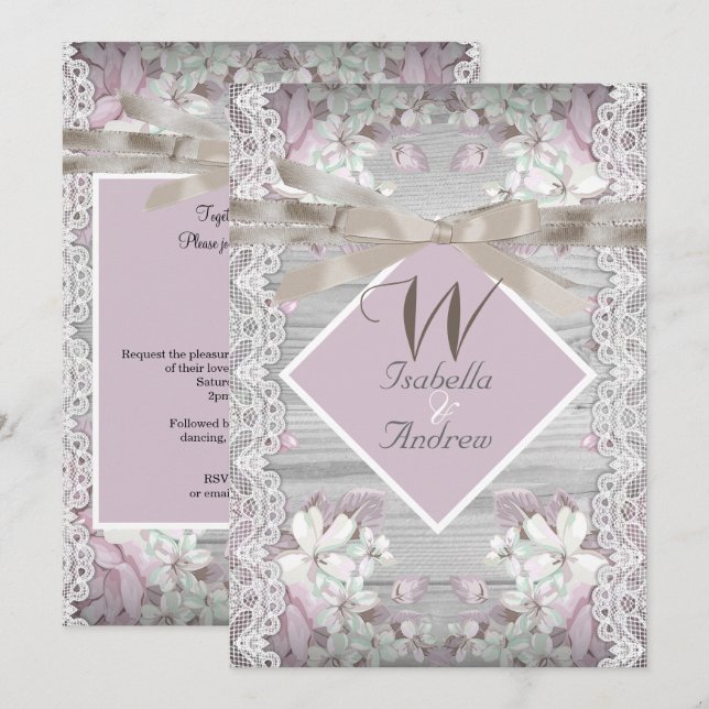 Invitation Rustique Bois Fleurs Mariage Blanc Dentelle Rose (Devant / Derrière)