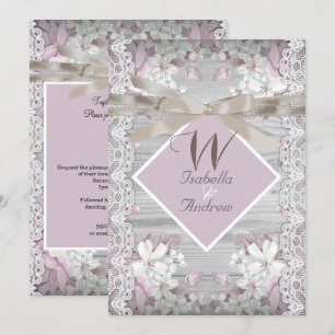 Invitation Rustique Bois Fleurs Mariage Blanc Dentelle Rose