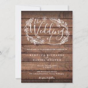Invitation Rustique Bois Floral Garland Script Mariage