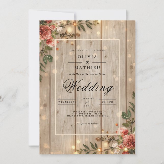 Invitation Rustique Bois Floral Romance Mariage (Devant)