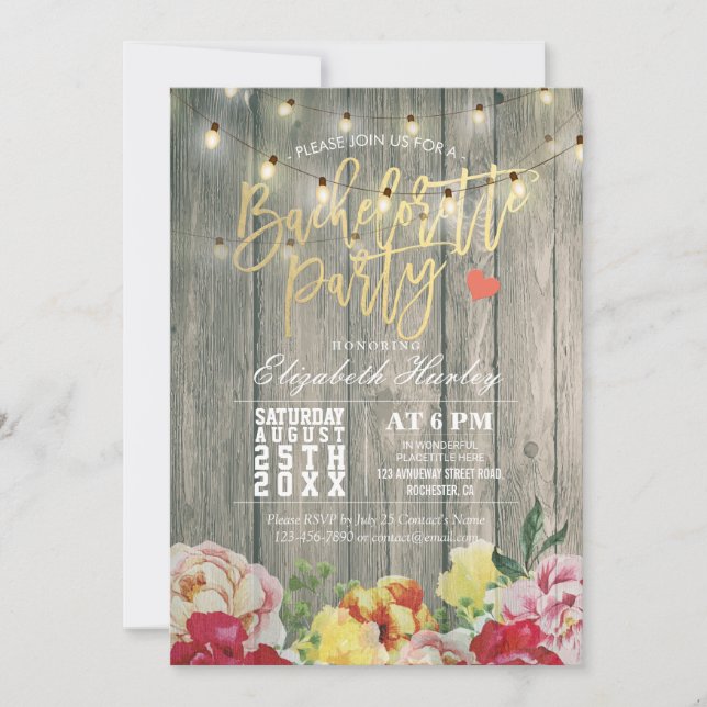 Invitation Rustique Bois Floral String Lumière Bachelorette P (Devant)
