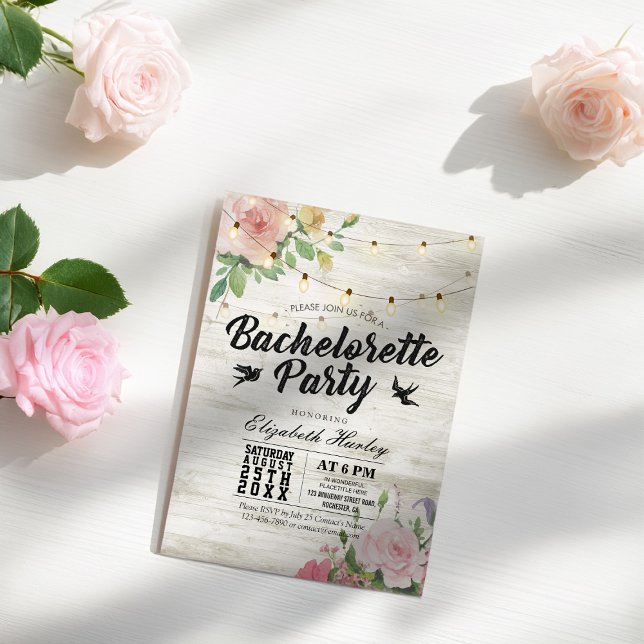 Invitation Rustique Bois Floral String Lumière Bachelorette P (Créateur téléchargé)