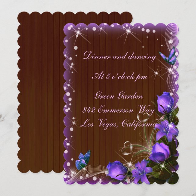 Invitation Rustique Bois foncé Violet Floral Mariage Réceptio (Devant / Derrière)