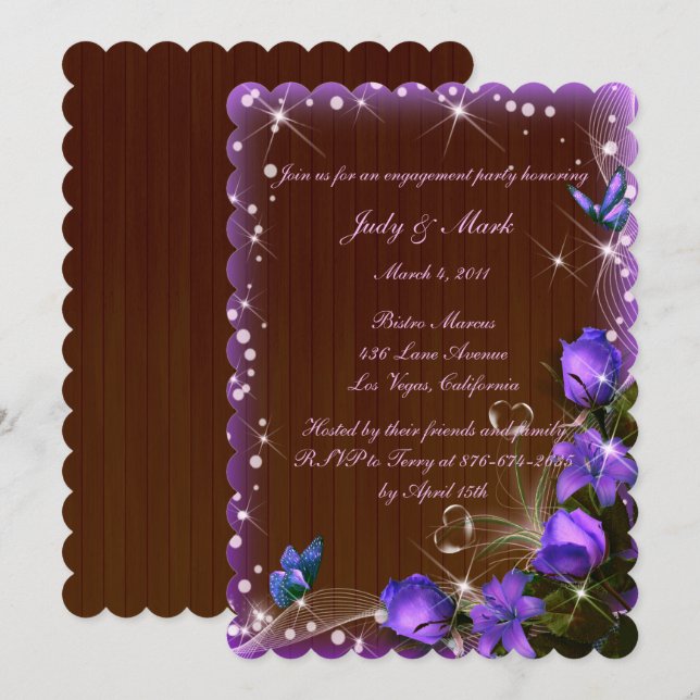 Invitation Rustique Bois foncé violet Floral Partie d'engagem (Devant / Derrière)
