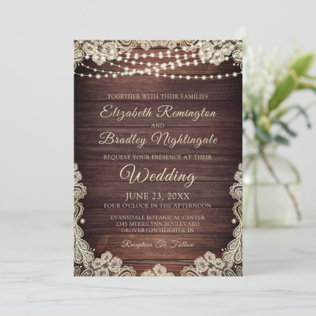 Invitation Rustique Bois ivoire Dentelle Éclairage Mariage In (Debout devant)