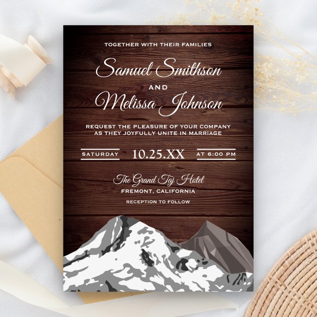 Invitation Rustique Bois Neige Enneigée Montagnes Mariage Inv (Créateur téléchargé)